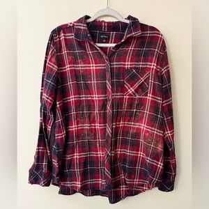 Well Worn Flannel Shirt, Upcycled with Bleach Work and Cowboy Graphic, size L